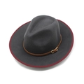 Detail of dark grey wool fedora featuring red bound edge and leather band with gold buckle - M(56-58cm) / Gray