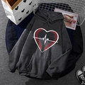 Dark gray fleece hoodie with heart baseball print and adjustable drawstring hood - S / Tops / Dark Gray