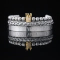 Set brazalete números romanos plata con pulsera corona dorada y cable de acero trenzado - Color Acero Corona Dorada con Circonio Blanco