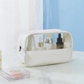 White semi-transparent cosmetic travel bag with leather trim and clear PVC window - Small / White