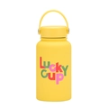 650ml yellow vacuum insulated bottle with colorful Lucky Cup print and carry handle - Yellow Lucky Cup Art