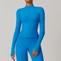 Women's bright blue zip-up long sleeve yoga jacket with thumbholes and slim fit design - S / Tops / Future Blue