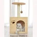 Sisal cat scratching post with wooden cat cave and play ball in natural pine finish - Solid Wood Cat House Style