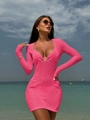 Close-up of pink knit cutout beach cover-up and matching bikini set with sea view - S / Top And Bottom / Rose Red
