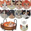 Σετ 8 σουβέρ DIY diamond painting σε σχήμα γάτας με βάση φελλού και μαύρη μεταλλική βάση - A-13 Γάτα Καρτούν