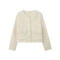 Chaqueta de tweed blanco crema para mujer con cuello redondo y botones de diamantes - XS / Blanco