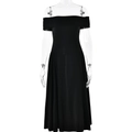 Elegant off-shoulder black midi dress shown on a mannequin with a minimalist silhouette - S / Black