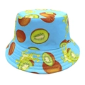 Detail of light blue bucket hat featuring vibrant all-over kiwi fruit print pattern - M (56-58cm) / Sky Blue