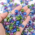 Mixed size half round pearls and resin rhinestones for DIY nail art and phone case decor - Half-circle Pearl Mixed With Deep Blue-green - S / 30 g