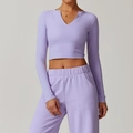 Slim fit lavender yoga set featuring V-neck long sleeve top and high waist joggers - S / Romantic Purple