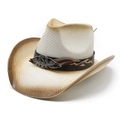 Chapeau de soleil style ethnique Western avec badge USA et bandeau en cuir - M (56-58cm) / Café Crème