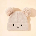 Pink knit baby beanie with double pom-poms and cute embroidered animal face for winter - Beige