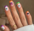 Close-up of Halloween press-on nails with skull and spider art in macaron colors - Short Square with Jelly Glue and File / Halloween Macaron French Skull Spider Style (CW737)