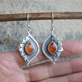 Vintage floral drop earrings with orange crystal inlay and oxidized silver finish - S241 Hollow Leaf Agate