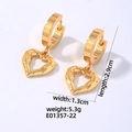 Detailed dimensions of gold heart earrings showing 2.9cm length and 1.3cm width - Hollow Heart Pendant Style (E01357-22)