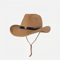 Brauner Cowboyhut aus Stroh mit schwarzem Lederband und verstellbarer Kordel - Verstellbare Einheitsgröße / Khaki