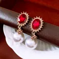 Vintage oval ruby and pearl earrings with crystal accents and gold finish - Silver Earring Post-Red-White-Pearl