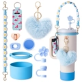 Blue woven flower strap, plush heart pendant, and silicone straw covers for tumblers - Light Blue Daisy Set