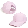 Close-up of pink ponytail baseball cap with a large cutout for high messy buns - Pink