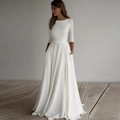 Elegant white long-sleeved satin wedding dress with boat neck and A-line floor-length skirt - S / Ivory