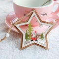 Wooden star ornament featuring Santa Claus and pine tree with a rustic hanging rope - Five-pointed Star Pendant
