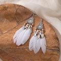 Detail of bohemian long white feather earrings with retro beads and carved silver metal - Antique Silver and White Feather Style(E4604-3)