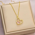 Elegant 18k gold plated heart necklace with pink gemstone and white zircon stones - Gold Pink Zirconia Heart