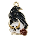 Gothic charm pendant featuring a black crow, white skull, and red rose in gold frame - Skeleton Crow