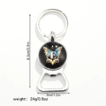 Detailed size and weight view of silver metal bottle opener with blue butterfly design - Letter E