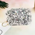 Close-up of sparkling silver sequin coin purse with a gold metal keychain holder - Silver