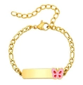Golden Figaro chain bracelet with pink enamel butterfly charm and engravable ID plate - Butterfly Style (1826G-2)