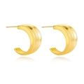 Detail of gold C-shaped earrings featuring vertical embossed stripes and a polished finish - Embossed Striped C-Ring Style (C096) / Gold