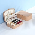 Portable double-layer jewelry box in apricot PU leather with ring slots and necklace hooks - 16x11.5x5cm / Khaki