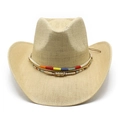 Detalle de sombrero de vaquero de paja trenzada con banda decorativa étnica bohemia - M(56-58cm) / Beige