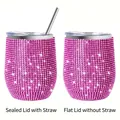 Pink rhinestone encrusted 12oz wine tumbler with leakproof lid and metal straw option - Rose Red