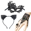 Detailed view of Gothic black lace arm chain with vintage rose ring and oval gemstone - Set 3