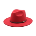 Bright red wool jazz fedora hat with brown braided leather band and metal buckle - M (56-58cm) / Red