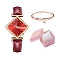 Montre carrée avec bracelet en cuir rouge, boîtier or rose et gourmette étoile en coffret - Montre rouge, bracelet et coffret cadeau