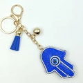 Hamsa hand keychain with blue evil eye rhinestones and matching tassel pendant - Sapphire Blue
