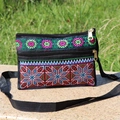 Ethnic embroidered crossbody bag in black fabric with dual zippers and floral patterns - Style 1