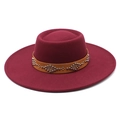 British style wine red wool felt wide brim hat with studded brown leather band - Adult 57-59cm / Burgundy