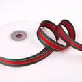 Christmas ribbon in red and green stripes with golden trim on a white plastic roll - 2.5 Red Army Green Edge