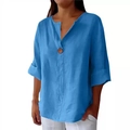 Chemise bleue en coton et lin décontractée à manches courtes avec col en V - 3XL / Bleu saphir