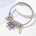 Silver steel cable bracelet featuring purple heart crystals and butterfly charms - Purple Butterfly