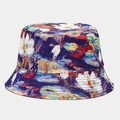 Omkeerbare vissershoed met artistiek olieverf bloemenpatroon in blauw en geel - M (56-58cm) / XY-1# Waterlelies Stijl