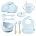 Light blue 9-piece baby silicone dining set including suction bowl and partitioned plate - Full Tableware Set (Light Blue/Y5)