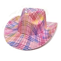 Close-up of pink cowboy hat with rainbow metallic grid pattern and wide curved brim - Pink / M(56-58cm)