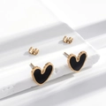 Vintage heart stud earrings in gold titanium steel with black oil dripping oil painting effect - ER-740 Wavy Edge Black Heart Stud Earrings