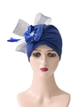 Elegant royal blue turban hat with mesh flower and feather accents for women - One Size / Royal Blue Mesh Flower Feather Style / Blue
