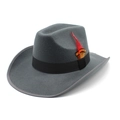 Dark grey wide brim felt fedora hat with black band and colorful feather accent - M (56-58cm) / Gray